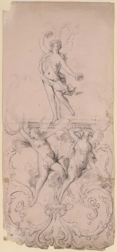 Ornament Design with Three Nymphs by anonymous, drawing, 1800-1900