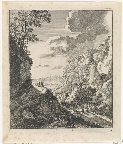 Berglandschap met twee zittende figuren by Jacob Lutma, print, 1634-1654