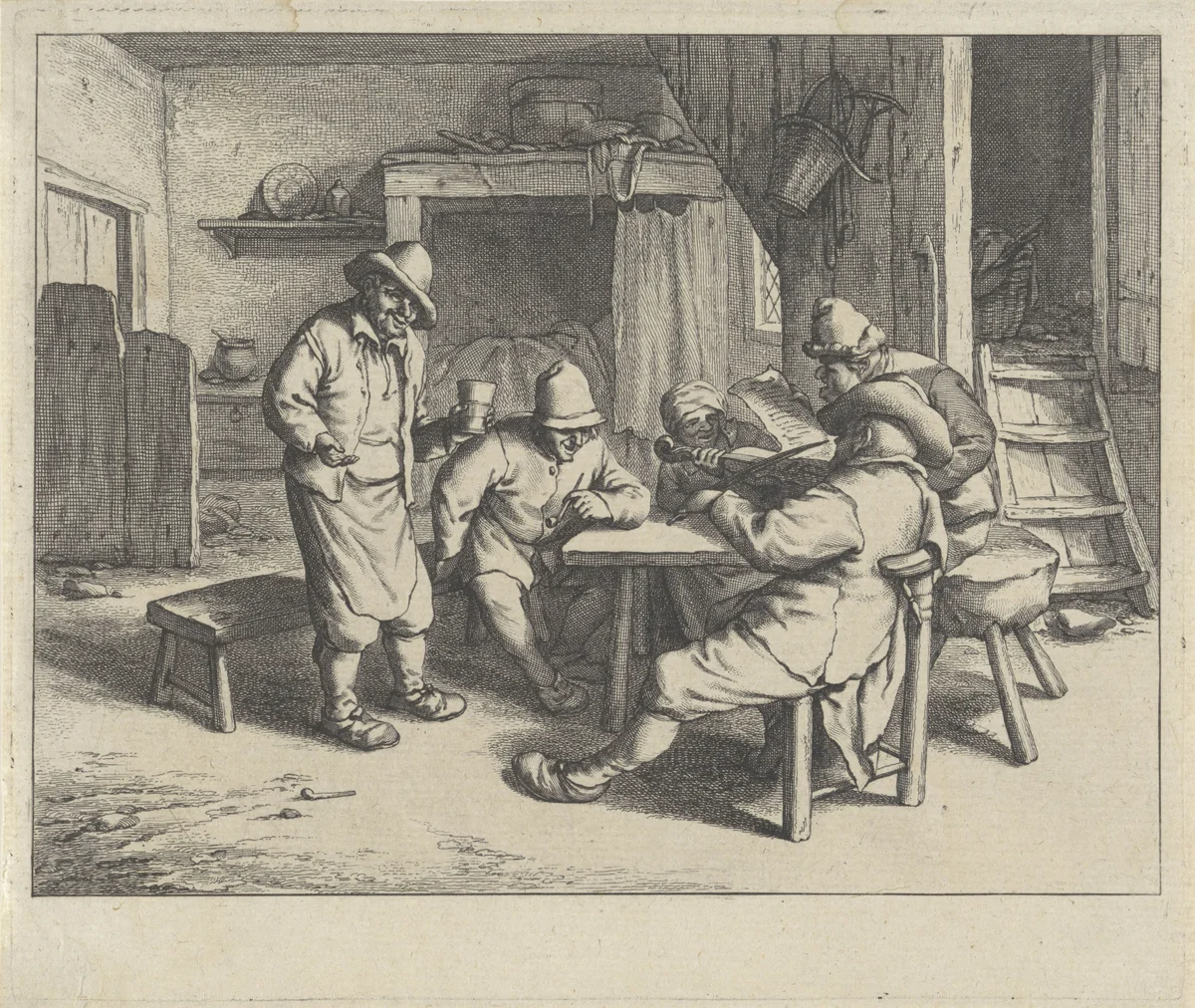 Musicerende figuren rond een tafel by Jan de Visscher, print, 1643-1692