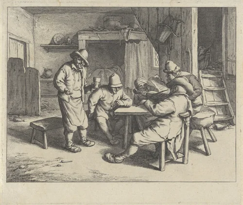 Musicerende figuren rond een tafel by Jan de Visscher, print, 1643-1692