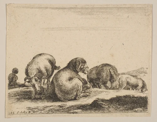 Plate 12: Sheep and ram in a pasture, from "Various animals" (Diversi animali) by Stefano della Bella, print, 1636-1646