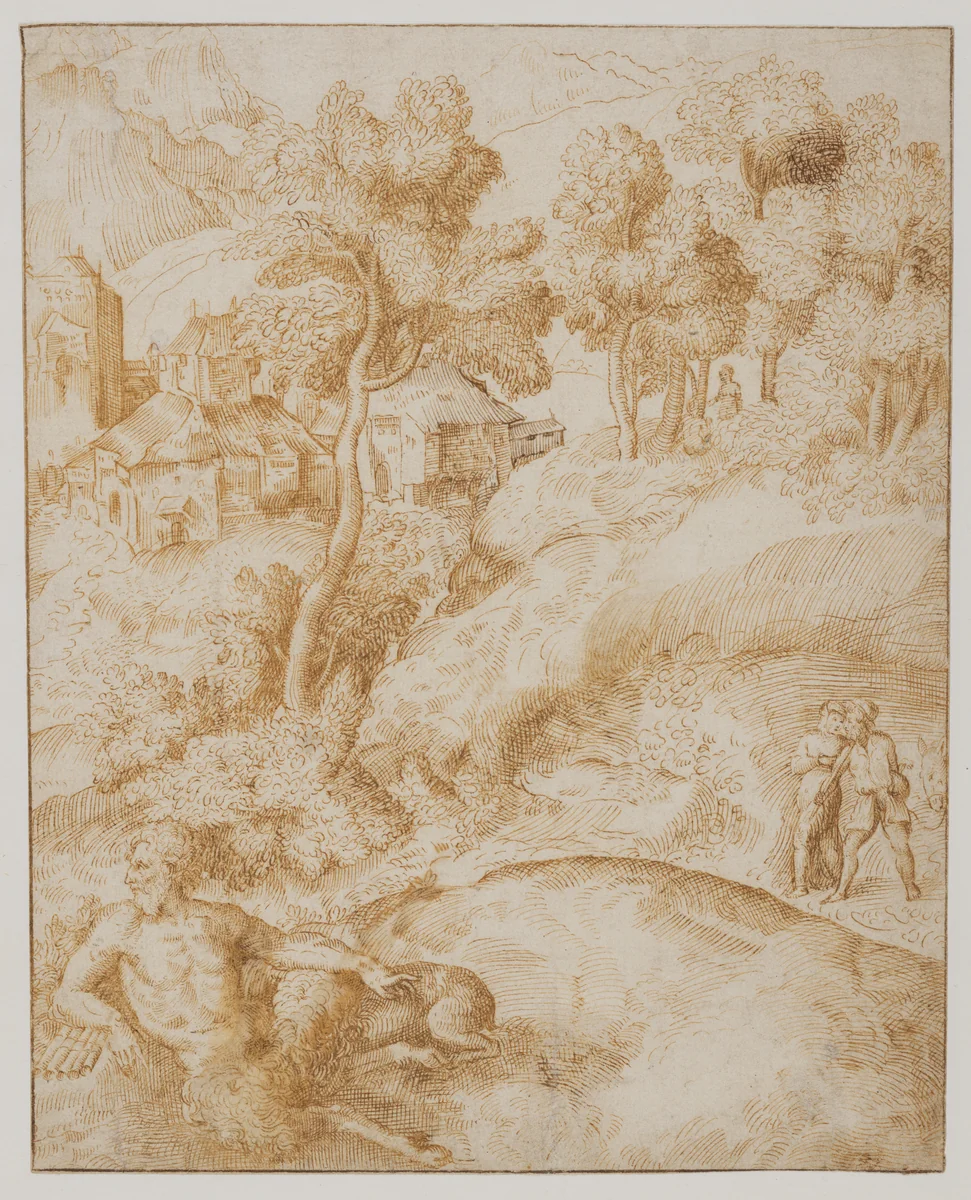Landscape with a Satyr by Domenico Campagnola, drawing, 1535-1540