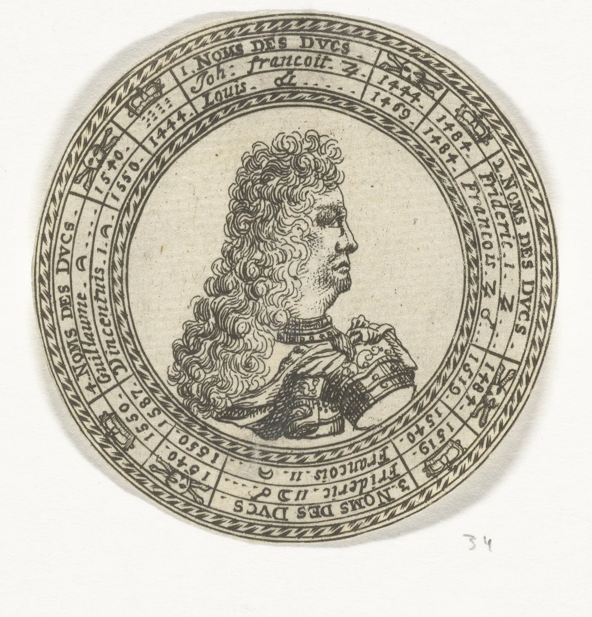 Penning met het portret van Ferdinand Karel III en de namen van de hertogen van Mantua by anonymous, print, 1685-1708