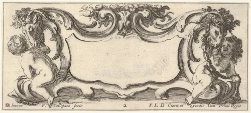 Plate 2: a cartouche with a child seen from the back to left and a child seen from the front to right, each playing with the head of a sheep crowned with flowers, from "Twelve cartouches" (Recueil de douze cartouches) by François Collignon, print, 1640-1645