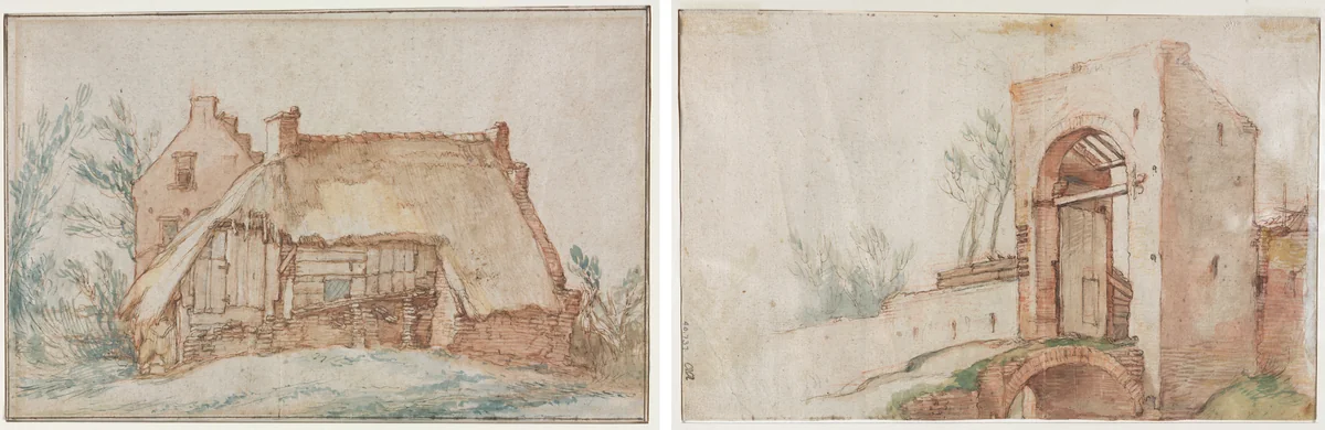 Peasant's Cottage (recto); Bridge and Gate (verso) by Abraham Bloemaert, drawing, 1605-1615