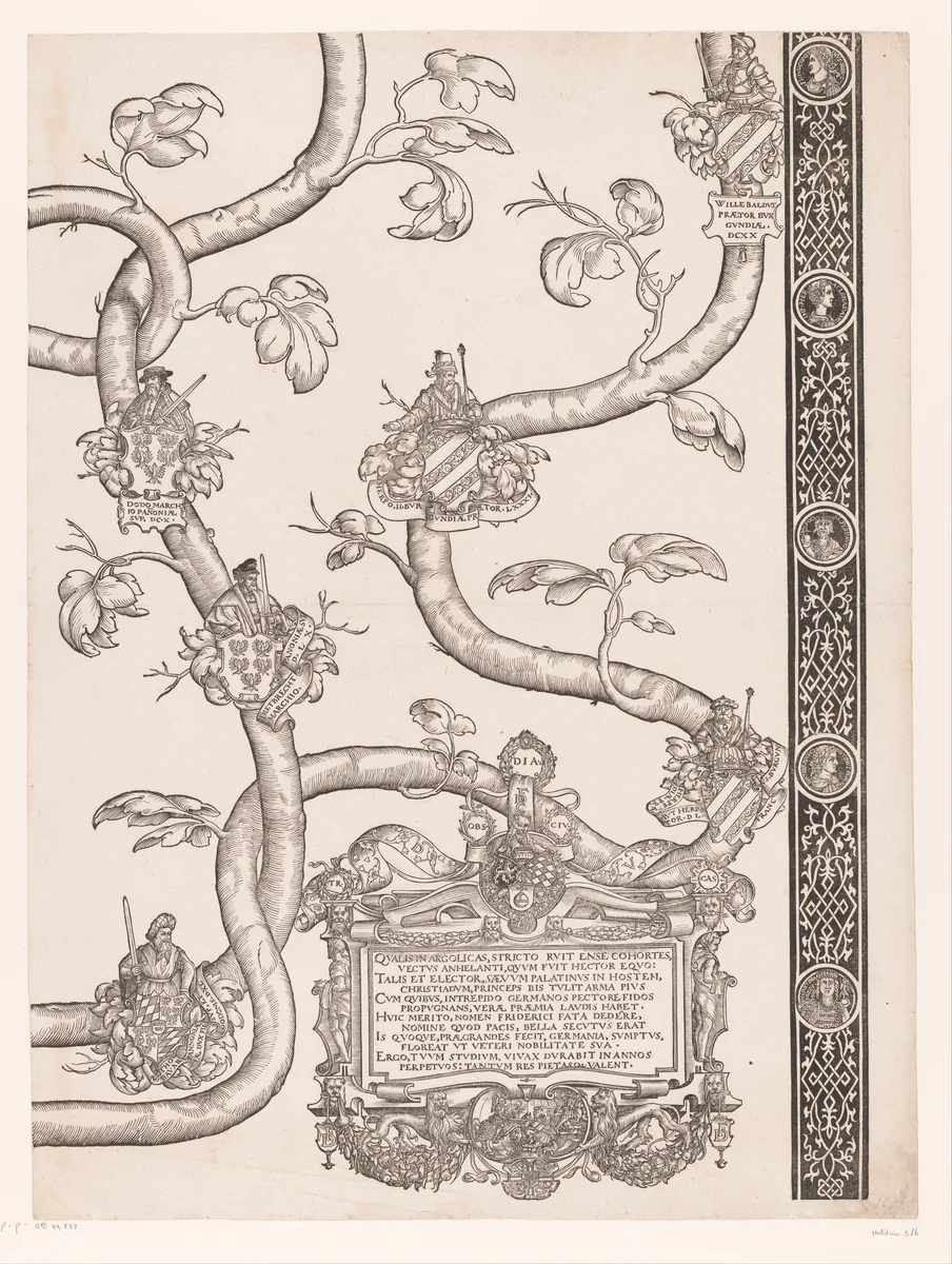 Stamboom van Frederik en Ottheinrich van Palts-Neuburg (plaat 6) by Jakob Clauser, print, 1535-1594