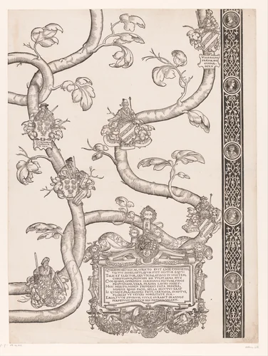 Stamboom van Frederik en Ottheinrich van Palts-Neuburg (plaat 6) by Jakob Clauser, print, 1535-1594