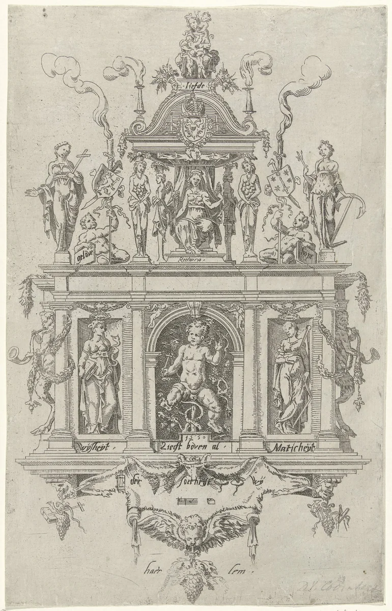 Blazoen van de Haarlemse rederijkerskamer De Wijngaertrancken by Unknown, print, 1550