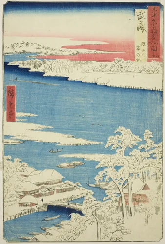 Musashi Province: Morning after Snow on the Sumida River (Musashi, Sumidagawa yuki no ashita), from the series "Famous Places in the Sixty-odd Provinces (Rokujuyoshu meisho zue)" by Utagawa Hiroshige (歌川広重), print, 1853