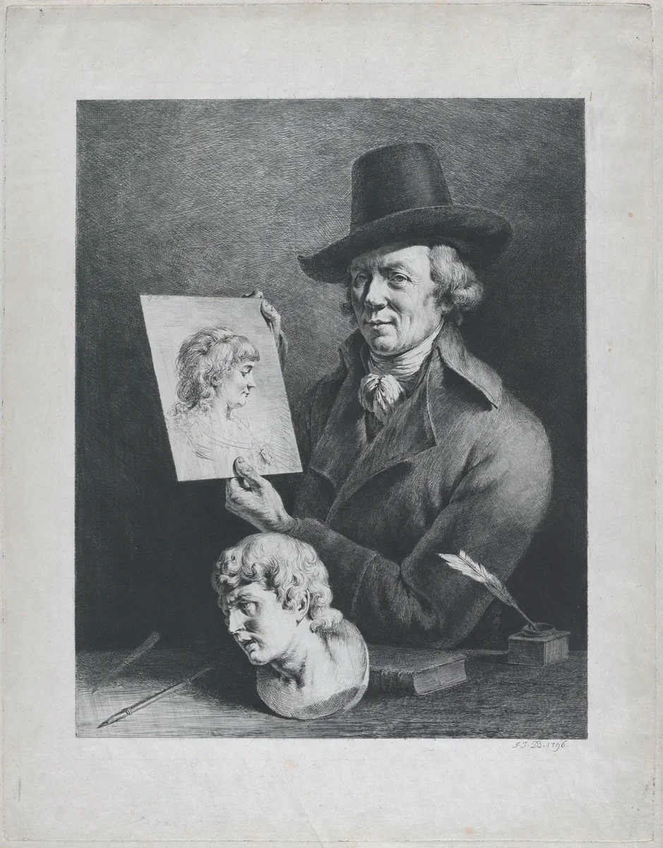 Self Portrait Holding Portrait of Wife by Jean Jacques de Boissieu, print, 1796