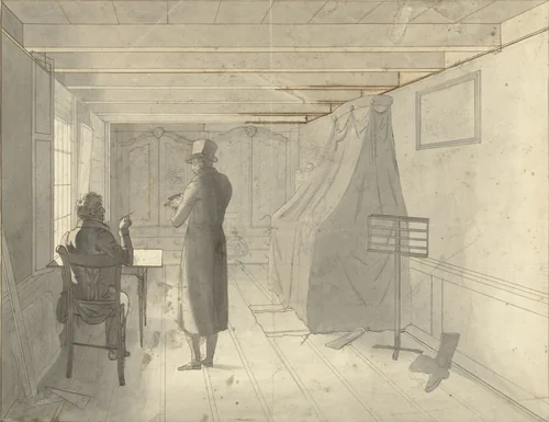 Interieur met twee mannen waaronder een tekenaar by Christiaan Andriessen, drawing, 1784-1846