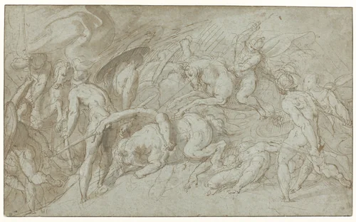 Naakte krijgers in gevecht by Hans Speckaert, drawing, 1500-1577