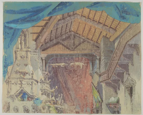 Theatre set with alchemist's workshop by anonymous, drawing, 1800-1899