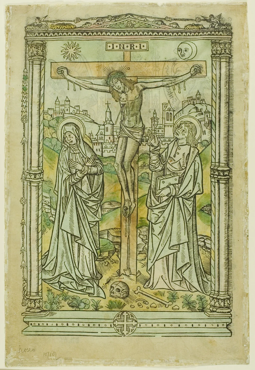 The Crucifixion with the Virgin and St. John (recto); God, the Father, Enthroned with the Signs of the Evangelists (verso) by Unknown Artist, print, 1495-1525