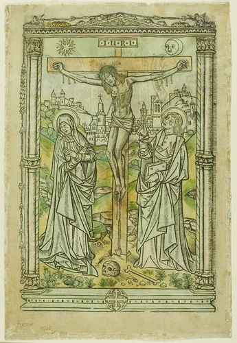 The Crucifixion with the Virgin and St. John (recto); God, the Father, Enthroned with the Signs of the Evangelists (verso) by Unknown Artist, print, 1495-1525