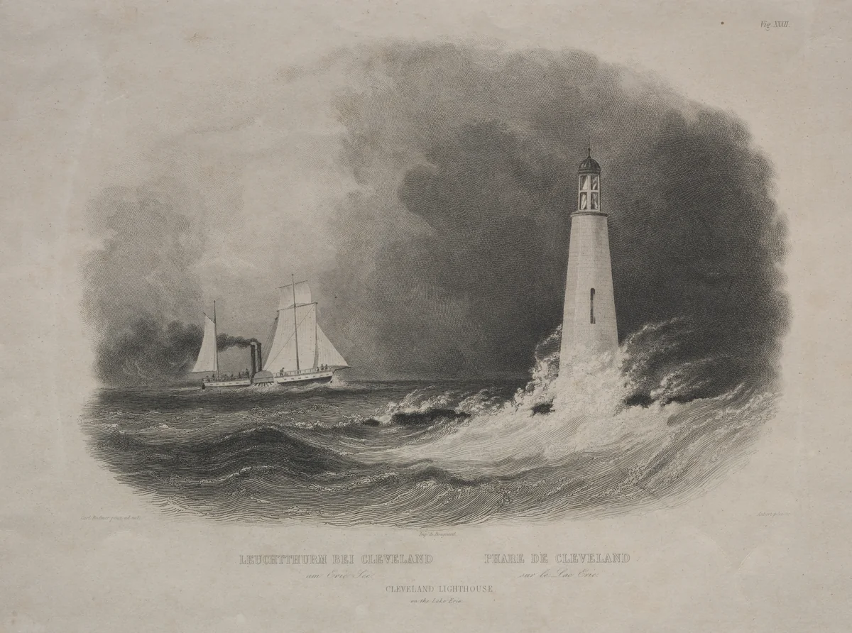 Lighthouse in Cleveland, Ohio, on Lake Erie by Pierre Eugène I Aubert, print, 1834-1847