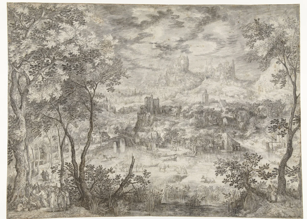 Landscape with the Healing of the Blind by David Vinckboons, drawing, 1601
