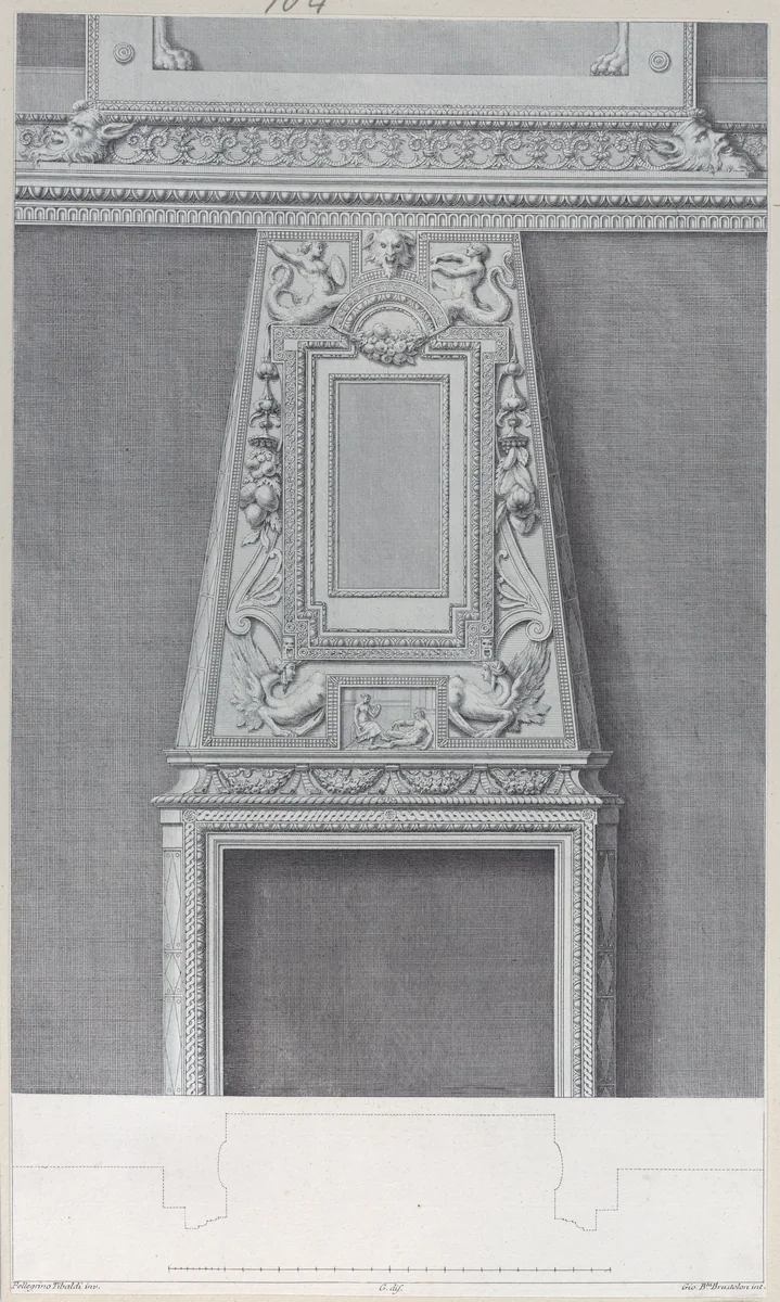 Design of a fireplace by Giovanni Battista Brustolon, print, 1756