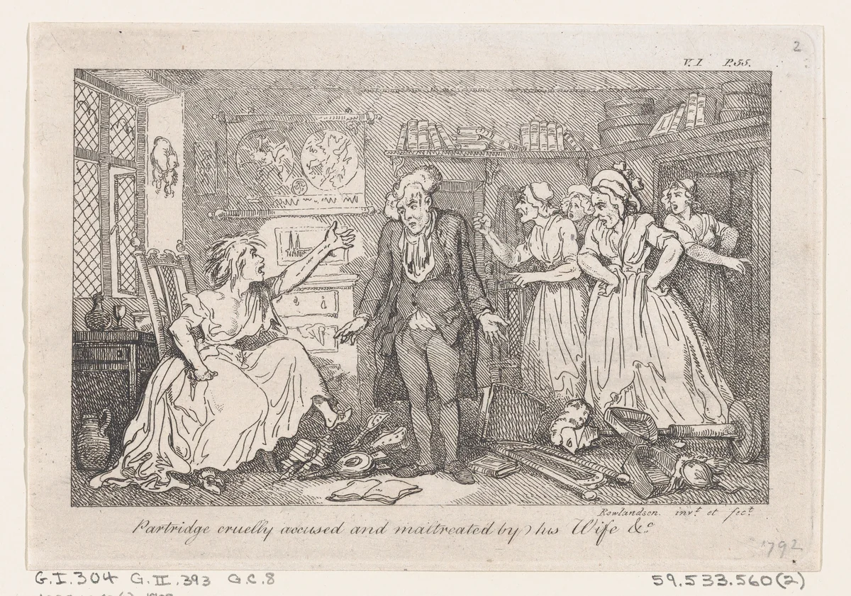 Partridge cruelly accused and maltreated by his Wife, from "The History of Tom Jones, a Foundling" by Thomas Rowlandson, print, 1792