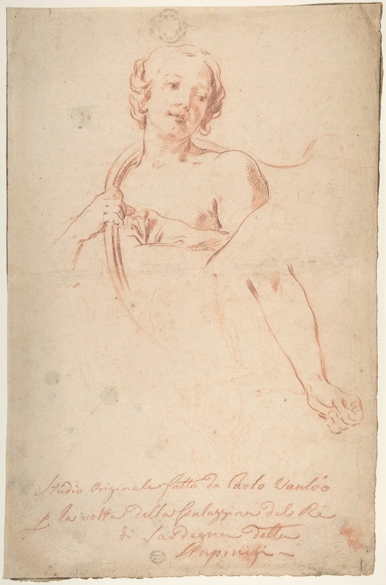 Huntress with a Horn by Carle Vanloo, drawing, 1728-1738