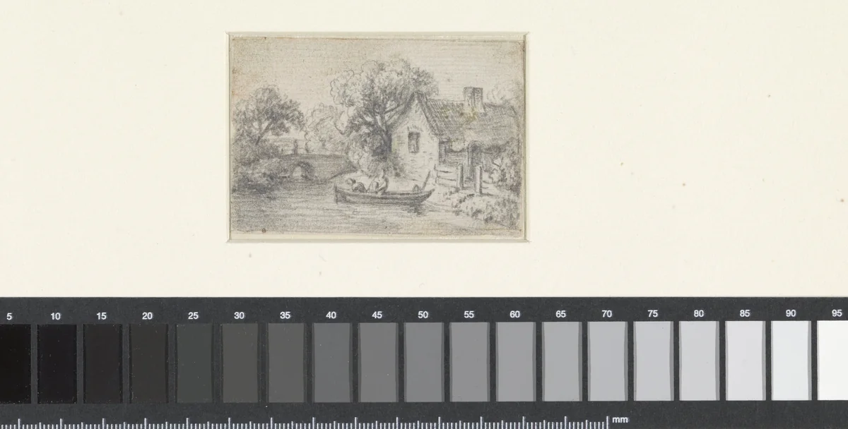 Landschap met twee figuren in een boot voor een boerderij by Hendrik Jozef Franciscus van der Poorten, drawing, 1799-1874