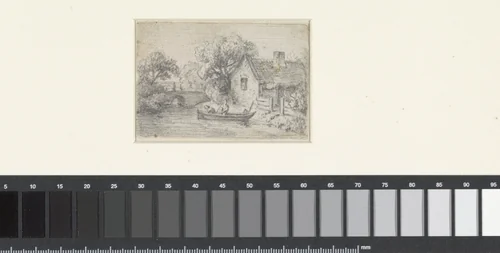 Landschap met twee figuren in een boot voor een boerderij by Hendrik Jozef Franciscus van der Poorten, drawing, 1799-1874