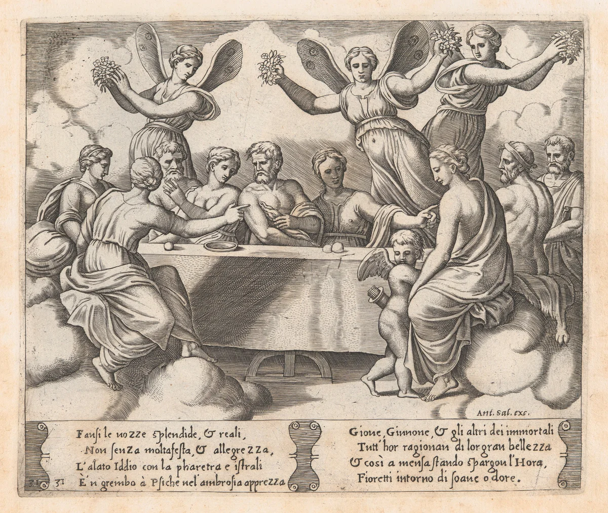 Plate 31: Gods celebrating the wedding of Cupid and Psyche, from "The Story of Cupid and Psyche as told by Apuleius" by Master of the Die, print, 1530-1560