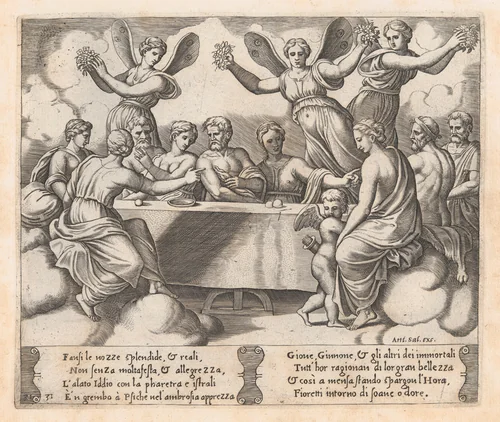 Plate 31: Gods celebrating the wedding of Cupid and Psyche, from "The Story of Cupid and Psyche as told by Apuleius" by Master of the Die, print, 1530-1560