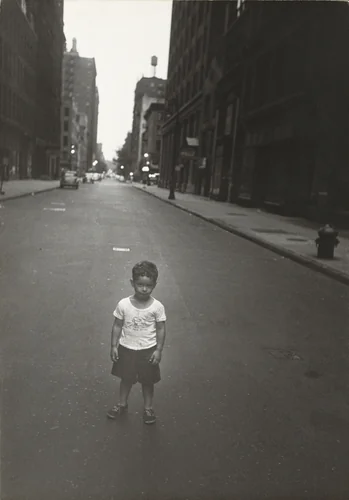 On Saturday and Sunday the street is empty. Georgie is alone. by Robert Frank, photograph, 1951