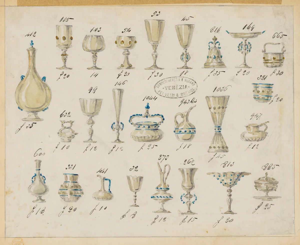 Specimens of Tinted Glassware with Decorations in Gold and Blue by Compagnia di Venezia e Murano, drawing, 1866-1880