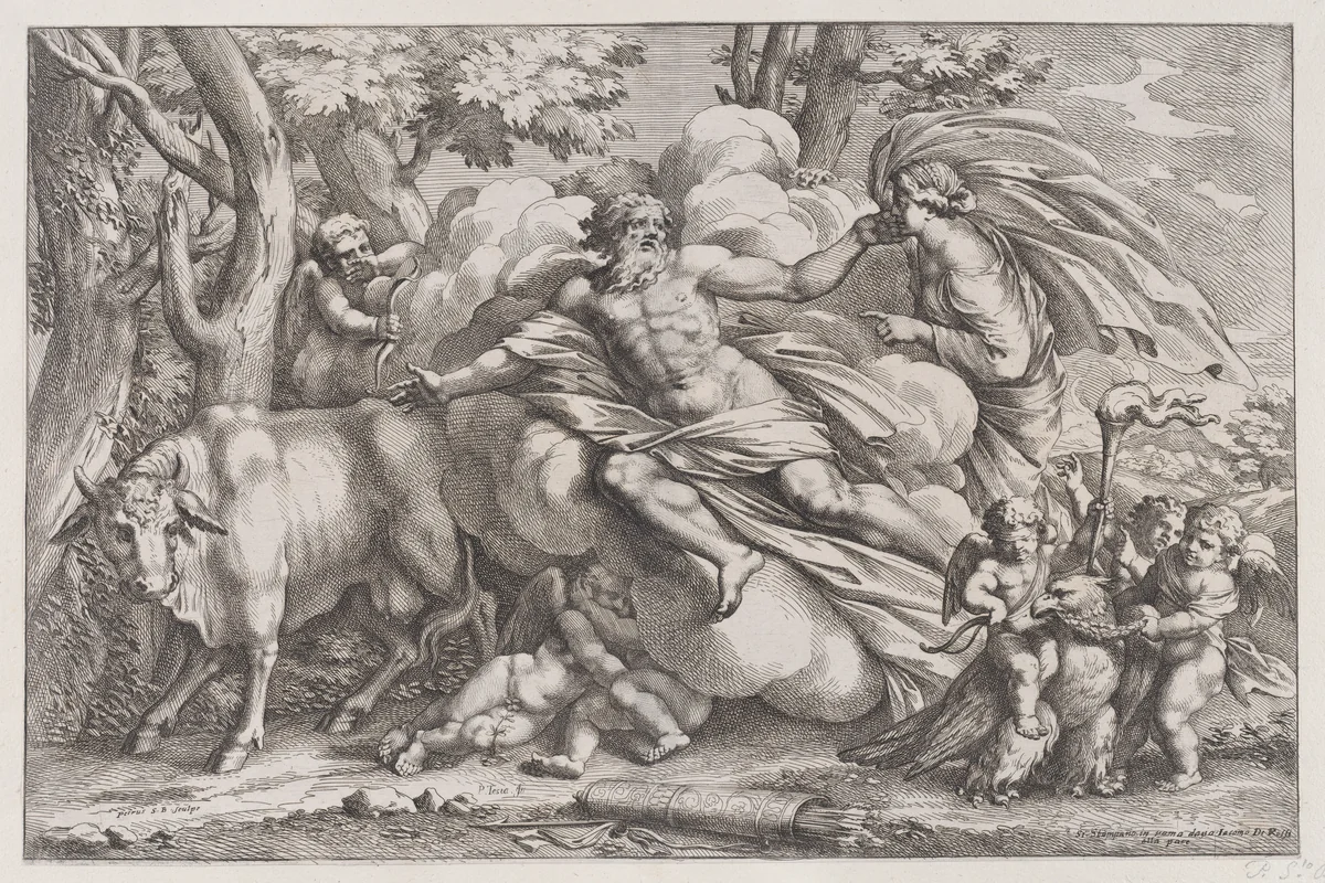Io at the left as a cow, Jupiter on a cloud in the centre and Juno at the right with putti holding an eagle captive in the lower right by Pietro Santi Bartoli, print, 1650-1690