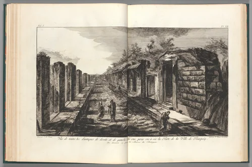 View opposite the entrance gate of all of the shops to the right and left of the street of the City of Pompeii, from "Antiquités de Pompeïa, tome premier, Antiquités de la Grande Grèce..." (Antiquities of Pompeii, volume one, Antiquities of Great Greece...), volume 1, plate 13 by Francesco Piranesi, print, 1804