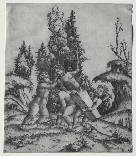 Cupid and three Putti by Marcantonio Raimondi, print, 1506