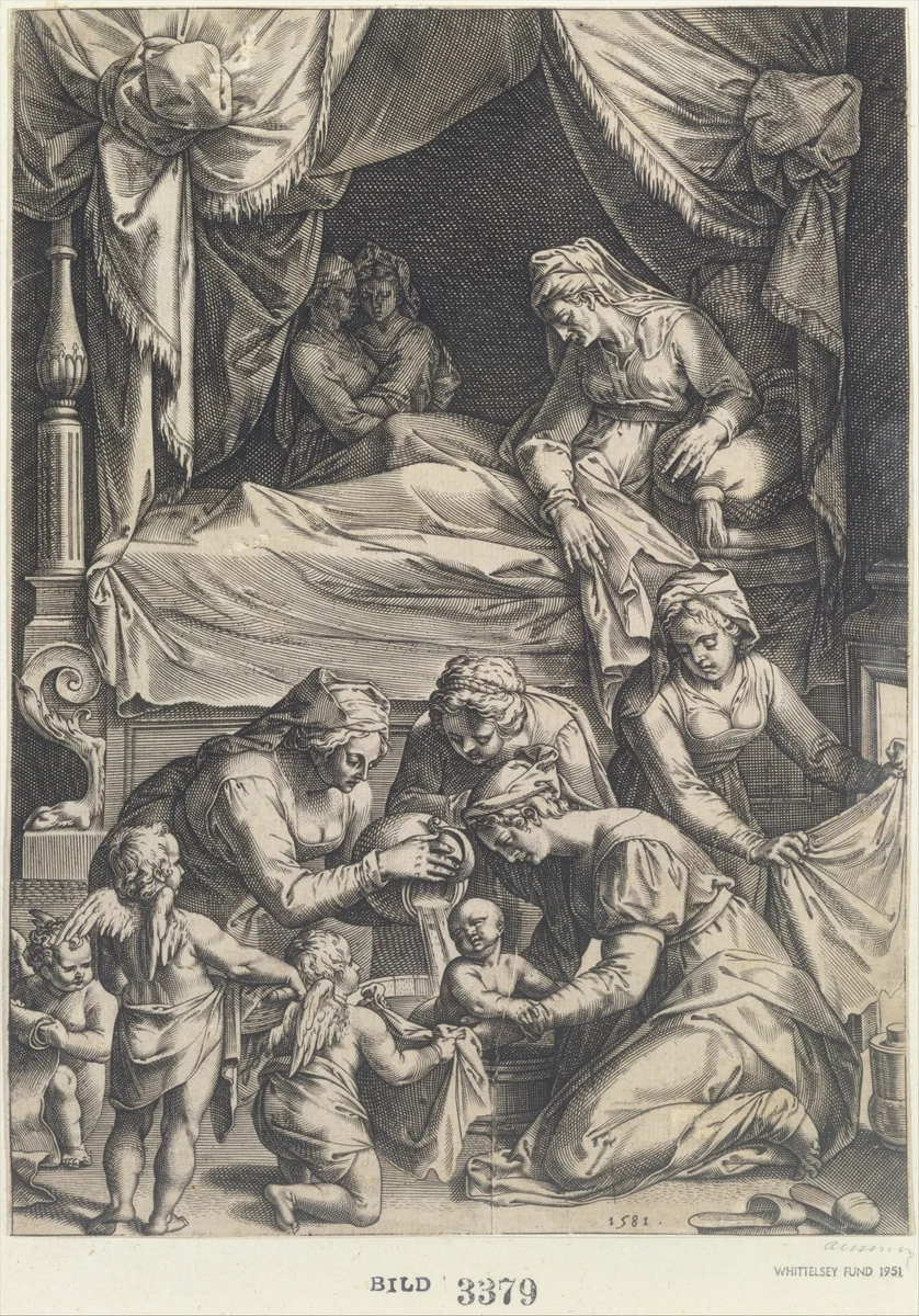 Birth of the Virgin (copy) by Julius Goltzius, print, 1581
