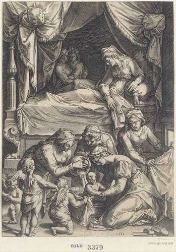 Birth of the Virgin (copy) by Julius Goltzius, print, 1581