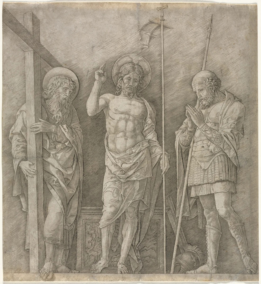 The Risen Christ between St Andrew and Longinus by Andrea Mantegna, print, 1470-1475