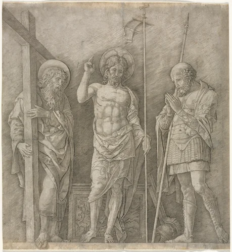 The Risen Christ between St Andrew and Longinus by Andrea Mantegna, print, 1470-1475