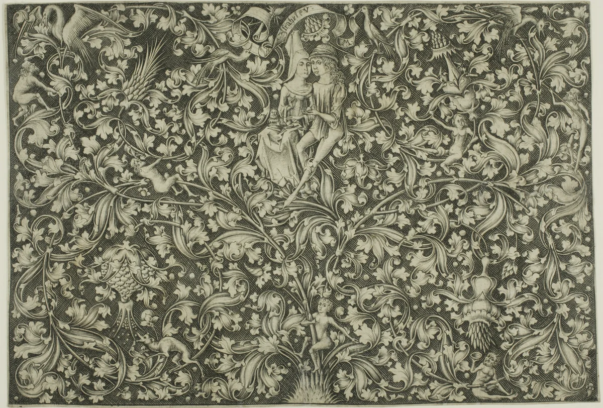 Ornamental Panel With Two Lovers by Israhel van Meckenem, print, 1480-1490