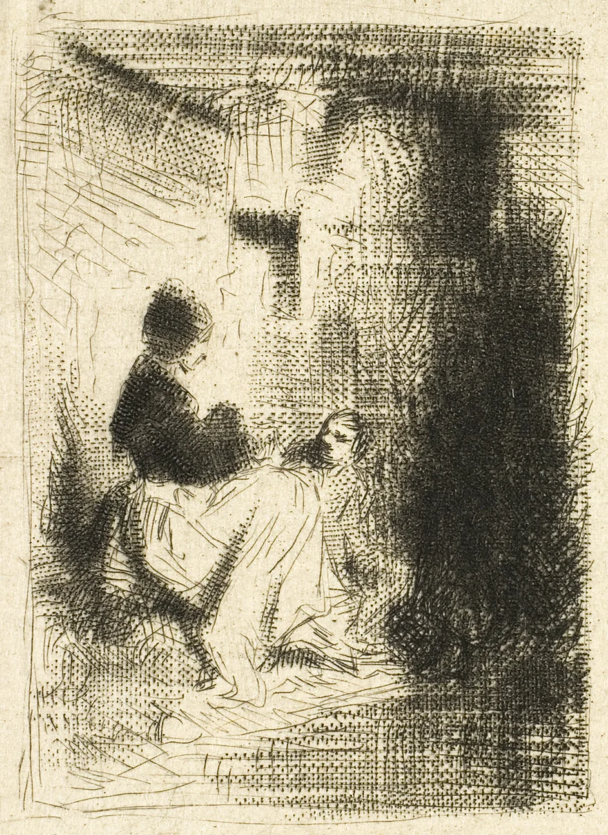 Woman and her Children by Charles-Émile Jacque, print, 1838-1848