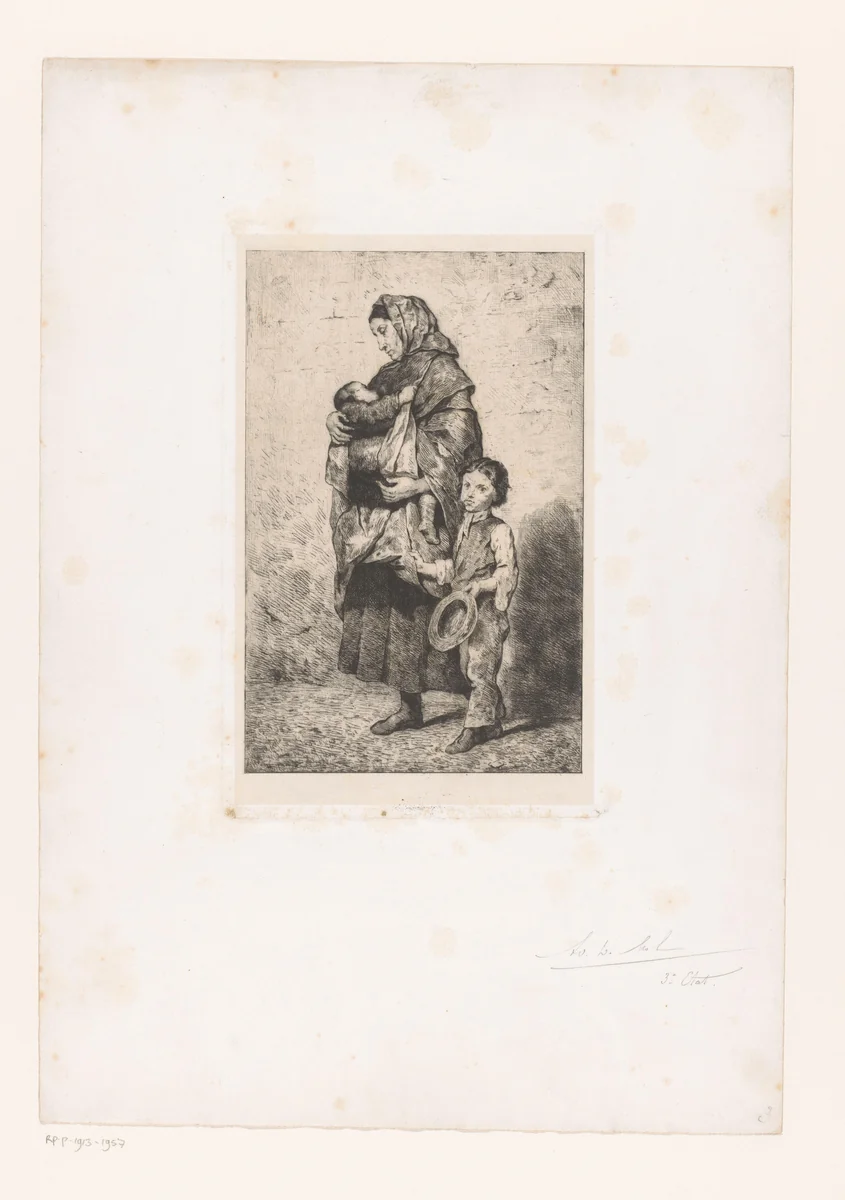 Vrouw met een kind in haar armen en een jongen naast haar by Adolphe Léonard De Mol, print, 1874