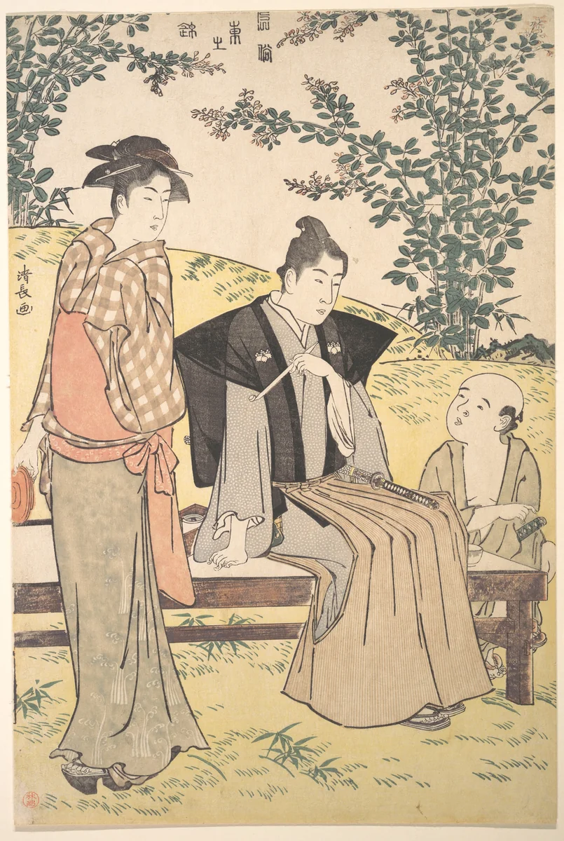 Viewing the Bush Clover at Hagidera by Torii Kiyonaga (鳥居清長), print, 1785