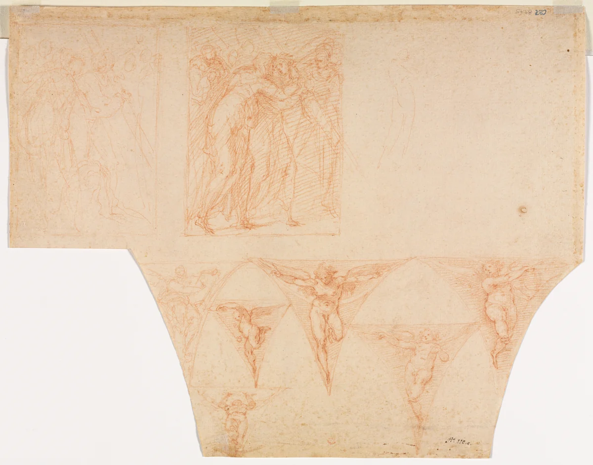 Studies for Christ Meeting His Mother on the Road to Calvary, Studies of an Angel in a Pendentive (verso) by Cristoforo Roncalli, drawing, 1599-1604