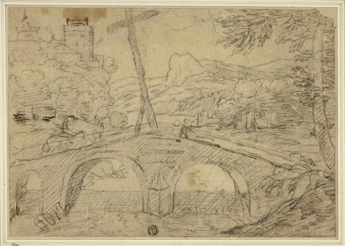 Landscape with Bridge (with Cross) over Gorge, with Mountains and Castle in Distance by Unknown Artist, drawing, 1590-1709
