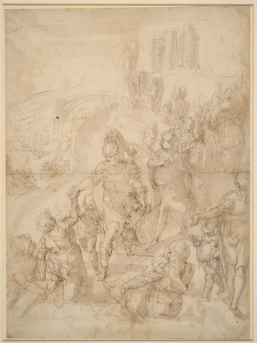 The Embarkation of Aeneas from the Ceraunian Headland by Giulio Benso; Luca Cambiaso, drawing, 1620-1668