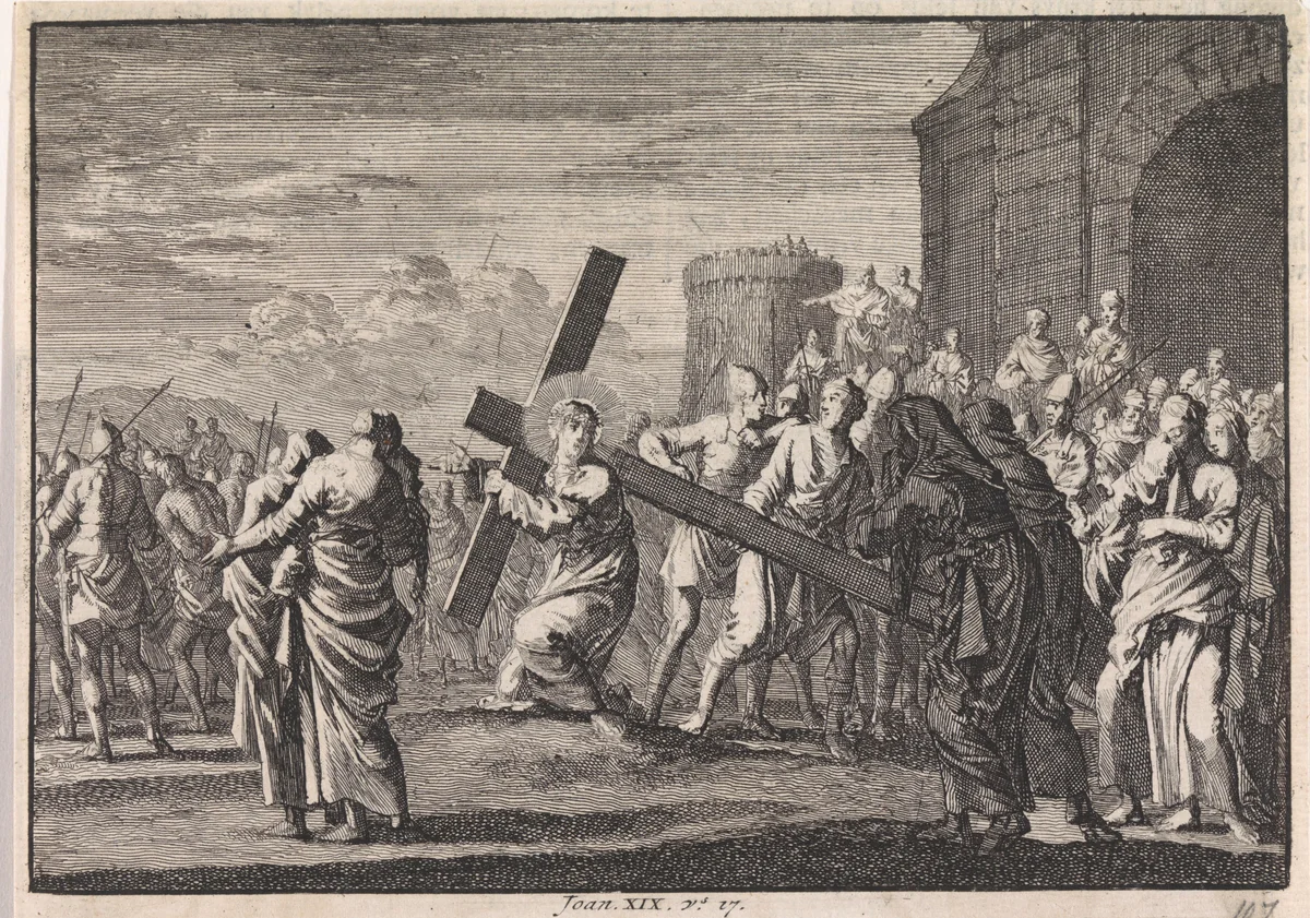 Kruisdraging by Jan Luyken, print, 1703-1762