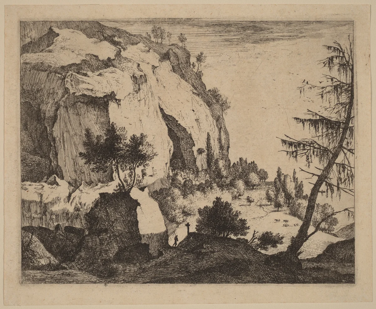 Rocky Landscape with Fir: pl.4 by Melchior Küsel; Roelant Roghman, print, 1627-1692