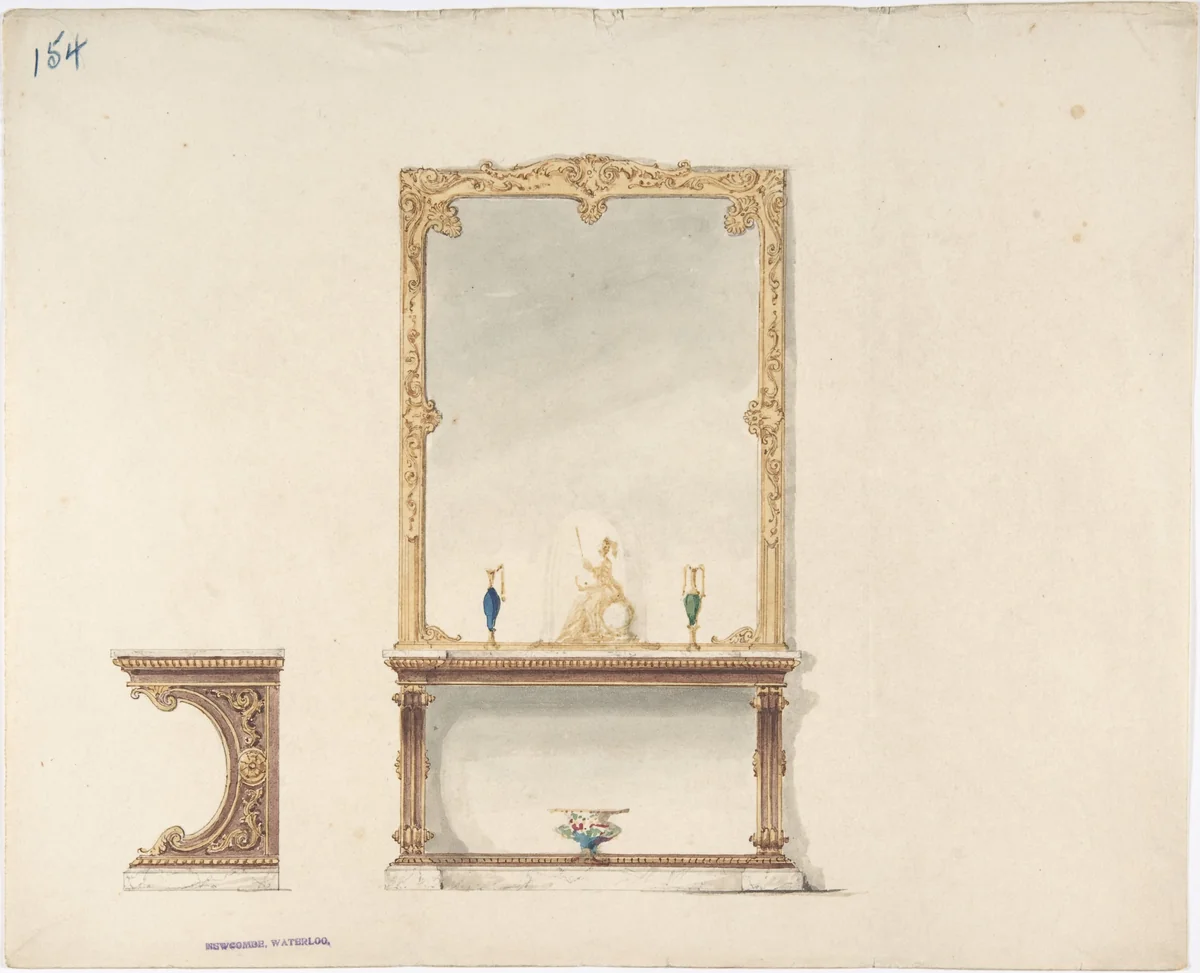 Design for Pier Table and Gold Mirror: Front and Side Elevations by anonymous, drawing, 1815-1840