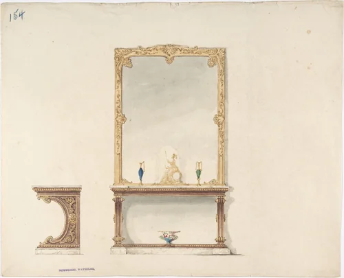Design for Pier Table and Gold Mirror: Front and Side Elevations by anonymous, drawing, 1815-1840