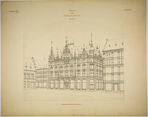 Rathskeller Neubau, Halle (Saale), Saxony-Anhalt, Germany, Perspective (unfinished) by Peter J. Weber, drawing, 1882-1892