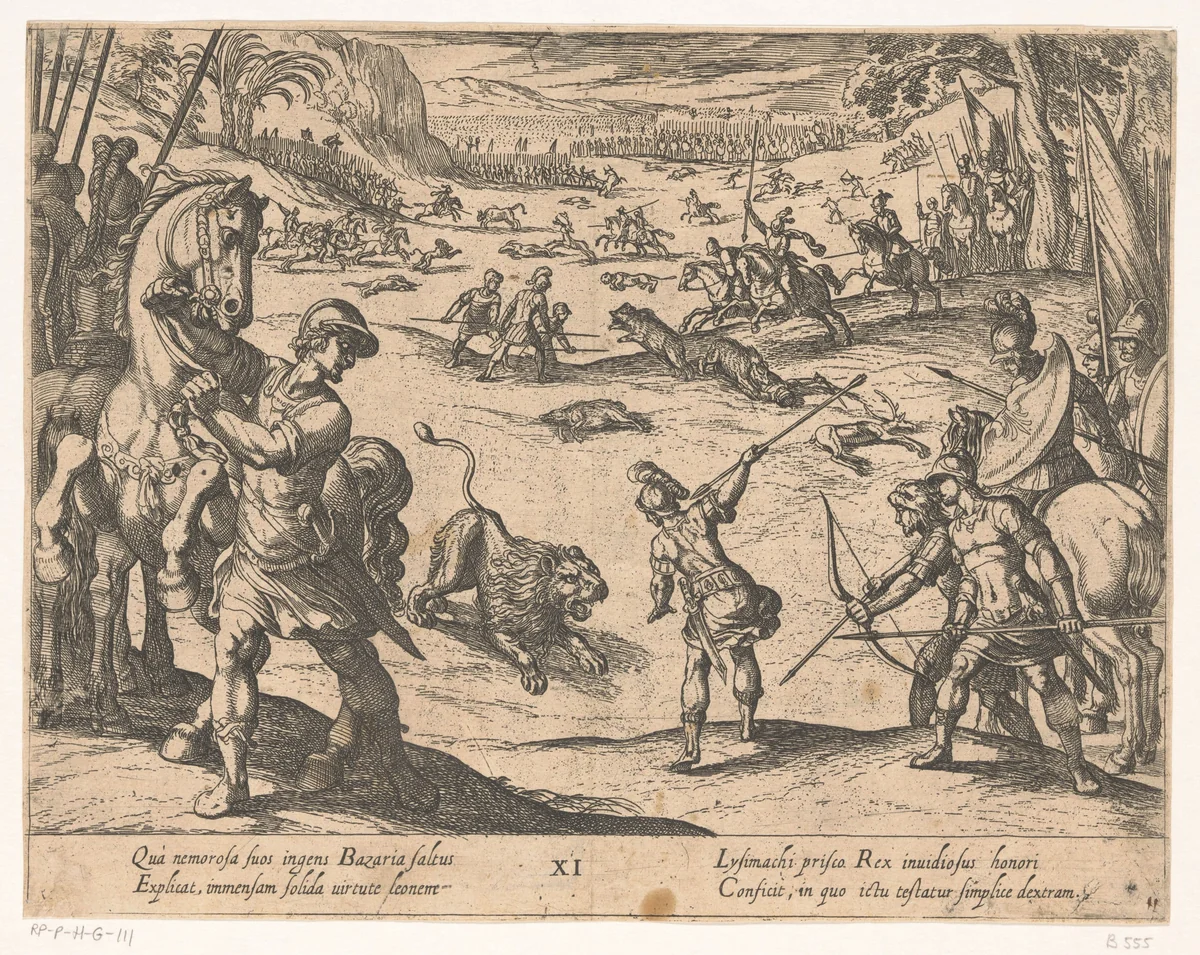 Alexander de Grote jaagt op wilde dieren te Bazaira by Antonio Tempesta, print, 1608